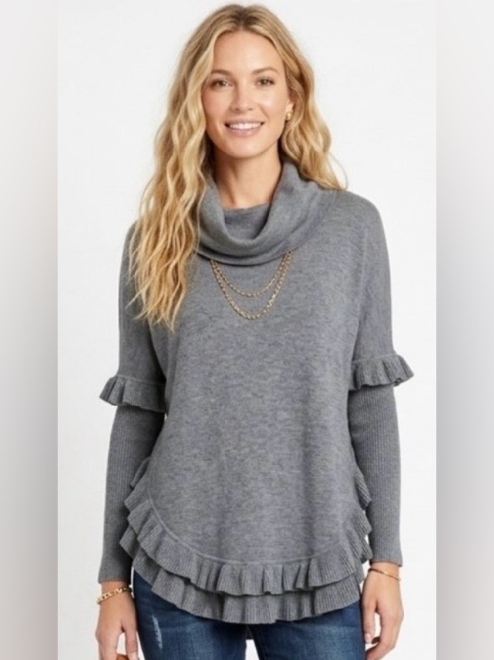 Joseph A Gray Ruffle-Hem Cowl Neck Sweater turtleneck Gold Buttons on sleeves